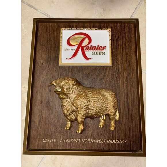 Vintage Thomas Schutz Rainier Beer 3D Cattle A Leading Northwest Industry Sign - Picture 1 of 7